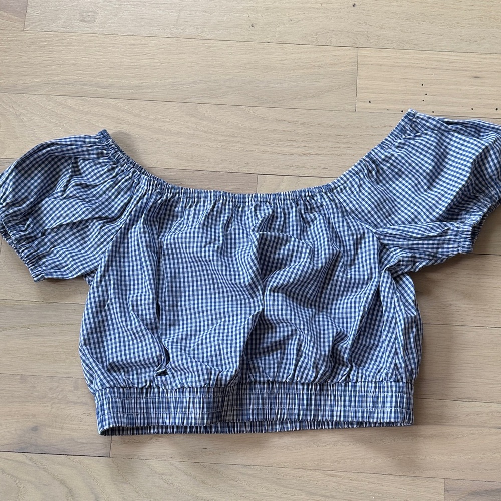 Elegant Blue Checkered Off-Shoulder Top